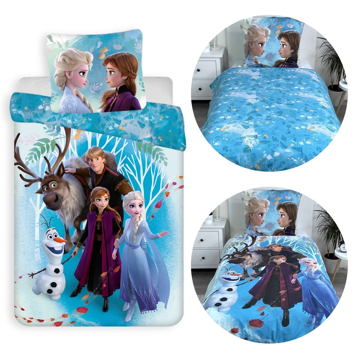 DISNEY Kraina Lodu Niebieska DWUSTRONNA, bawełniana pościel dziecięca na zamek, 100% BAWEŁNA 160x200cm+70x80cm OEKO-TEX