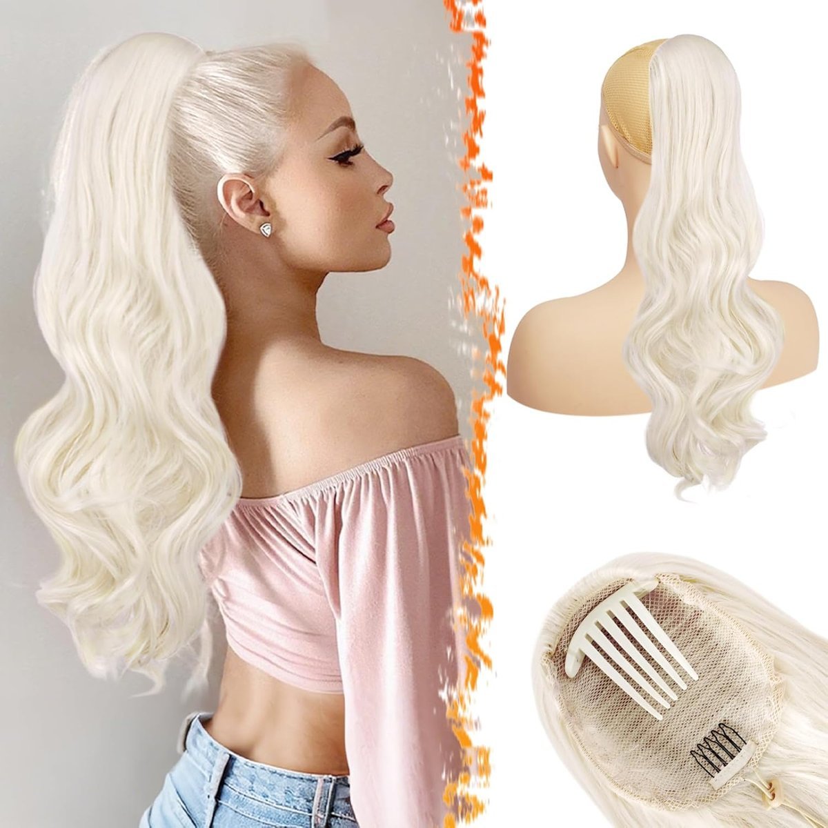 BARSDAR Falisty koński ogon, treska, platynowy blond ze ściągaczem, 50 cm, przedłużenie włosów z klipsem, dla kobiet, kręcone, syntetyczne, naturaln..