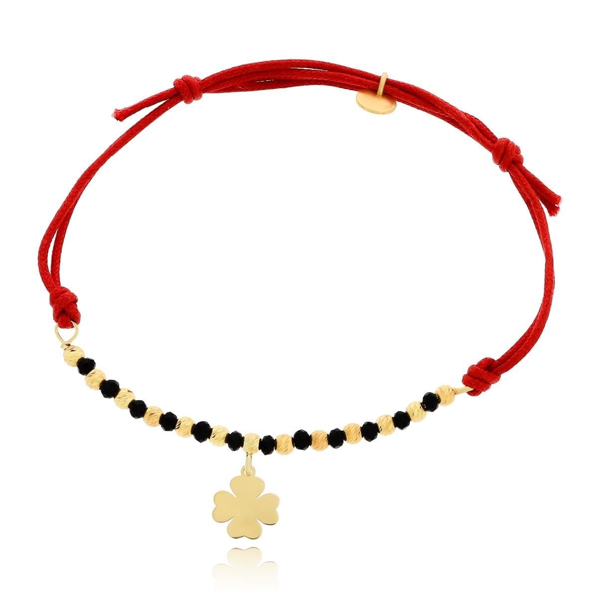Bransoletka czerwony sznurek koniczynka, kulki srebro pozłacane pr. 925