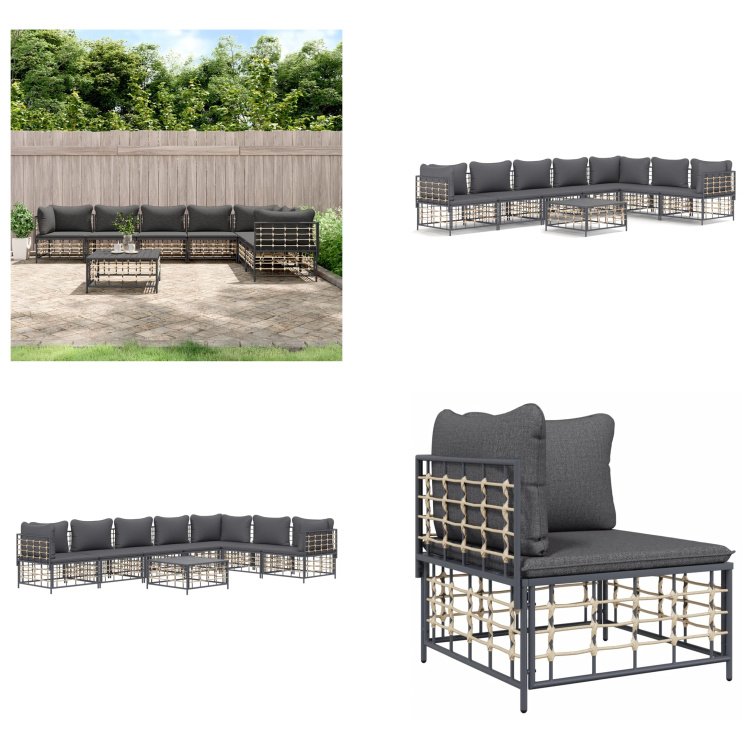 vidaXL 8-częściowy zestaw wypoczynkowy do ogrodu z poduszkami antracytowy rattan - Zestaw wypoczynkowy do ogrodu - Zestawy wypoczynkowe do ogrodu - Zestaw wypoczynkowy - Meble ogrodowe