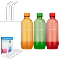 Akcesoria i części AGD - Butelki SodaStream 3x1L pomarańczowa/zielona/czerwona + Tabletki odkamieniające SodaStream 10 tabletek 200g + Metalowe słomki do napojów stal  4szt .. - miniaturka - grafika 1