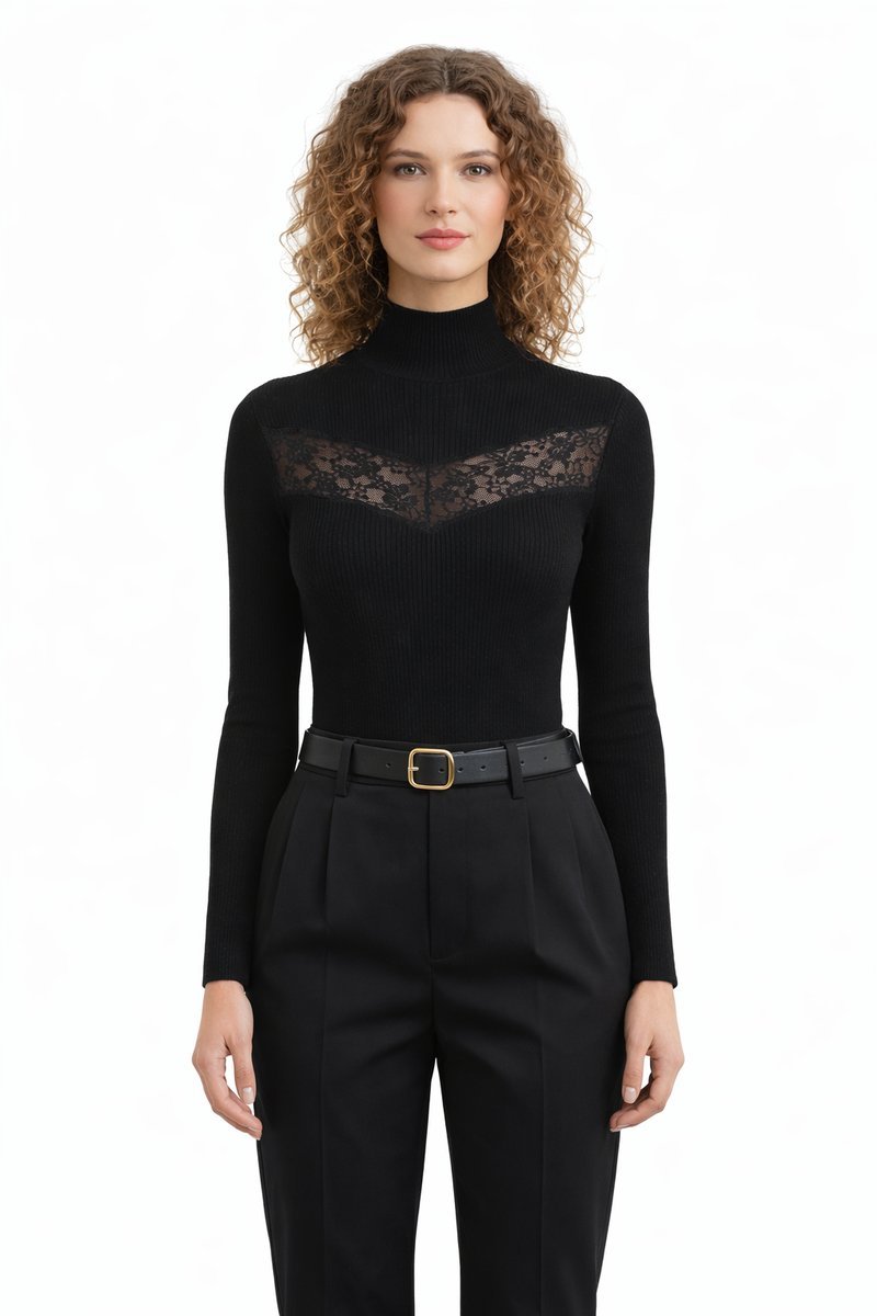 SISLEY CZARNY PRĄŻKOWANY SWETER Z KORONKOWYM DEKOLTEM GOLF M I4A