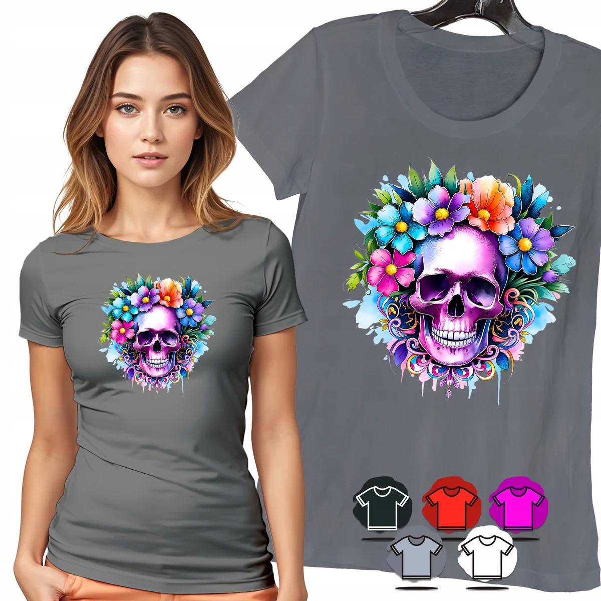 KOSZULKA DAMSKA T-SHIRT - CZASZKA TĘCZOWE KWIATY DAMSKI WZÓR MODNY - XS