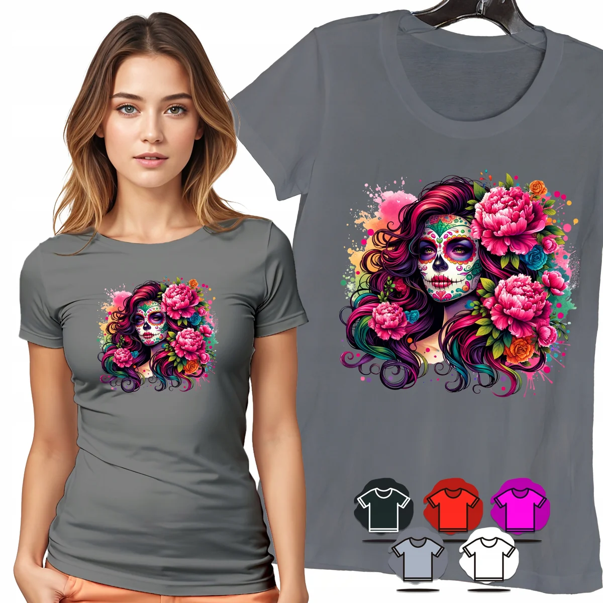 KOSZULKA DAMSKA T-SHIRT - SANTA MUERTE KWIATY RÓŻOWE PORTRET DAMSKI - XXL