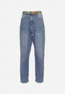 Spodnie męskie - Niebieskie Klasyczne Jeansy z Przetarciami i Materiałowym Paskiem Ramalua - miniaturka - grafika 1