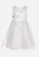 Sukienki i spódniczki dla dziewczynek - Biała Elegancka Sukienka z Tiulowym Dołem z Brokatem i Kokardą Ilevarpa - miniaturka - grafika 1
