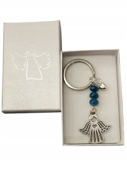 zestaw komunijny NIEBIESKI BRELOK ANIOŁ PUDEŁKO KRYSZTAŁ prezent dla gości
