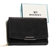 Portfele - Portmonetka damska na zatrzask i suwak ROVICKY mały portfel karty gotówka ochrona RFID elegancki czarny - miniaturka - grafika 1