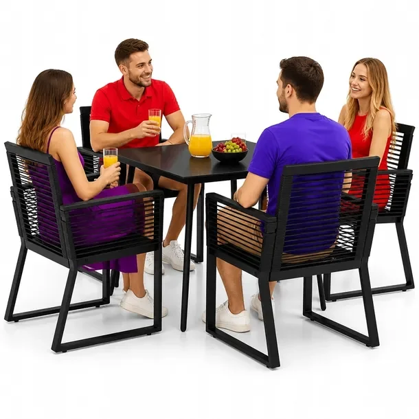 Zestaw mebli ogrodowych czarny - stół 80x80x74 cm, 4 fotele 53x57x77 cm