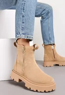 Botki damskie - Beżowe Botki z Ozdobną Taśmą z Nadrukiem Dudre - miniaturka - grafika 1