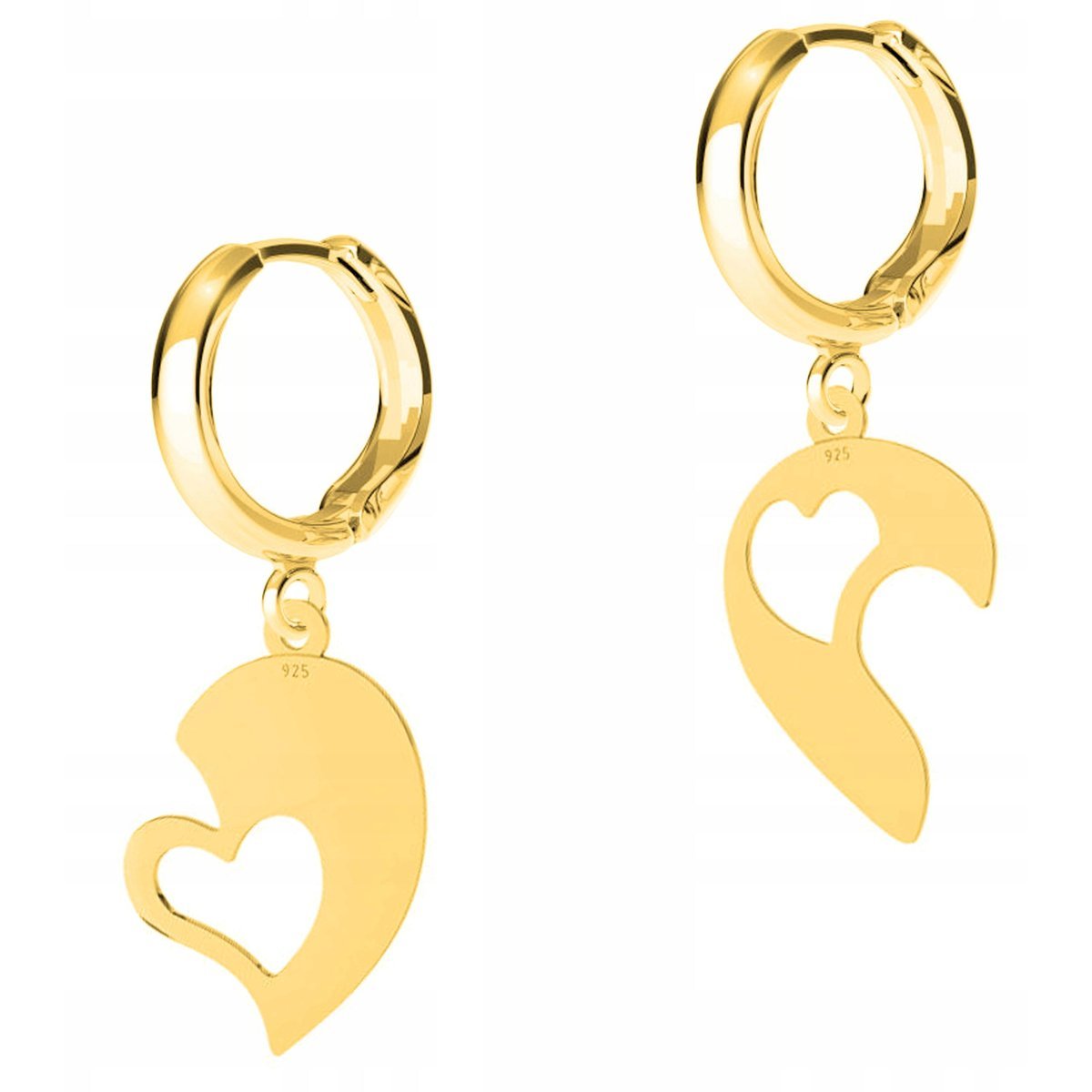 Złote Kolczyki z Serduszkami Łamanymi Połówkami Serc Serca SREBRO 925