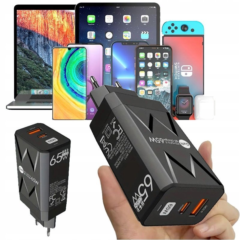 SUPER SZYBKA ŁADOWARKA SIECIOWA 3.0 DO TELEFONU GaN USB PD+QC MOCNA 65W