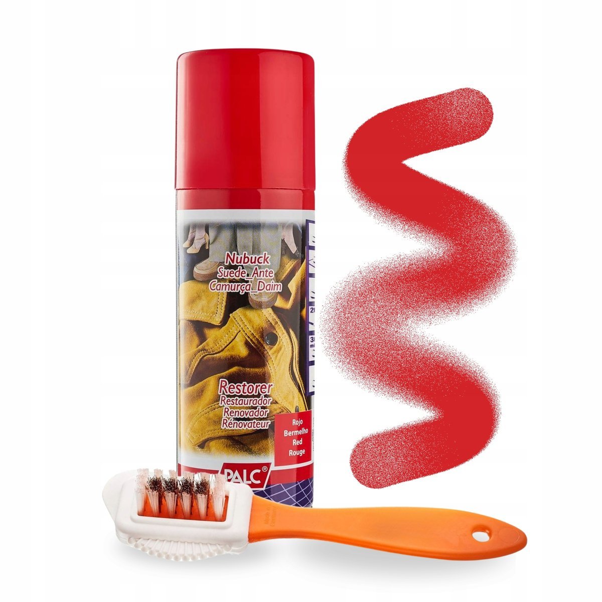 Czerwony Spray Renowator i Szczotka Dwustronna do Zamszu Palc Zestaw 2w1