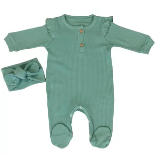 Pajacyki dla niemowląt - Komplet niemowlęcy bawełna prążkowana pajac opaska zielony - grafika 1
