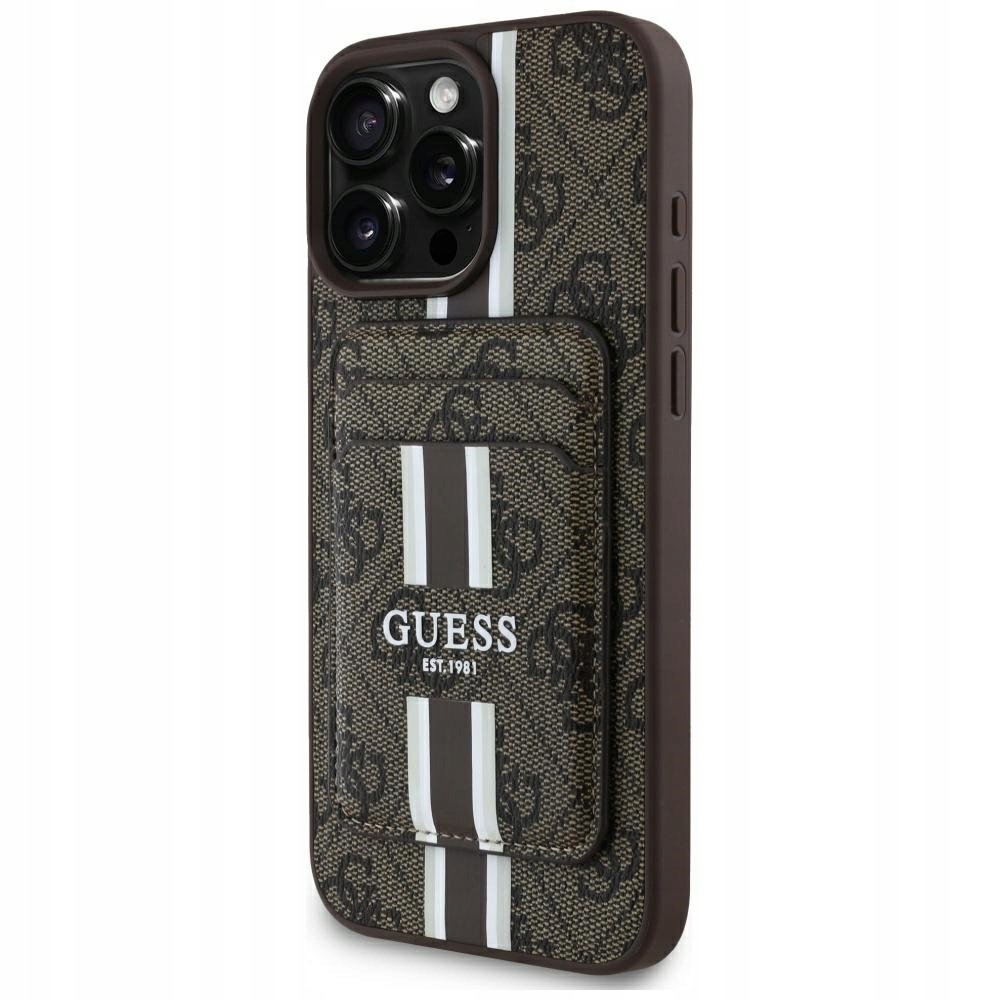 Etui Guess 4G Stripes z portfelem Magsafe do iPhone 16 Pro Max, brązowe