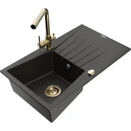 Zlewozmywaki z baterią - Mexen Cesar zlewozmywak granitowy 1-komorowy z ociekaczem i baterią kuchenną Duero, czarny/złoty metalik - miniaturka - grafika 1
