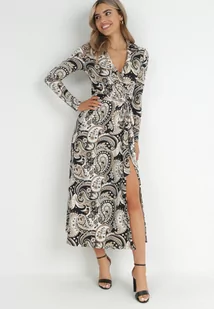 Beżowo-Czarna Kopertowa Sukienka Maxi z Materiałowym Paskiem Jamiria - Sukienki - miniaturka - grafika 1