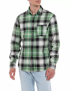 Koszule męskie - Replay Męska koszula z długim rękawem z bawełny, 010 czarny/zielony/biały, L - grafika 1