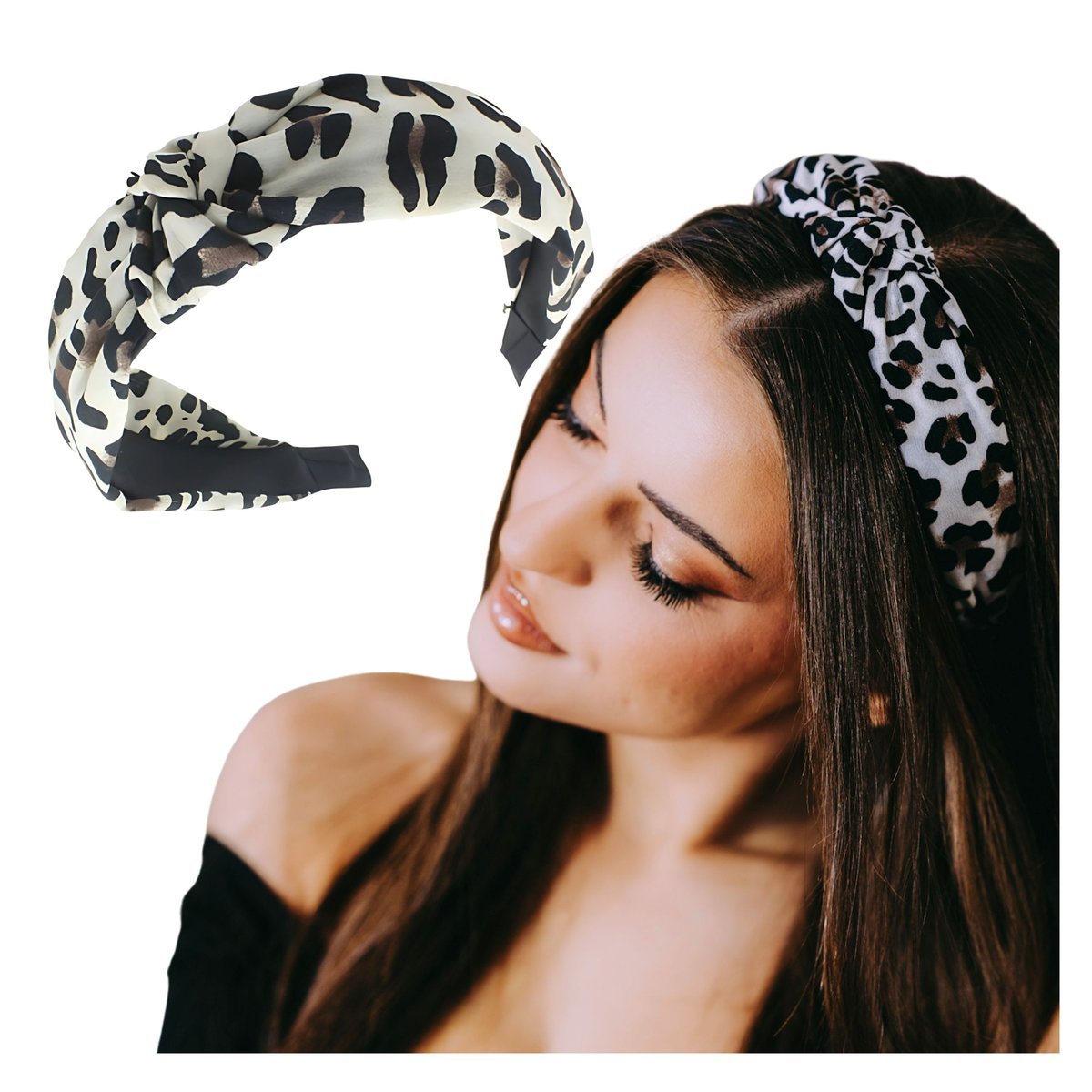 Opaska do Włosów Beżowa na Głowę Szeroka z Supłem w Panterkę Lekka Wygodna