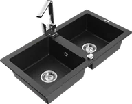 Zlewozmywaki z baterią - Mexen Mario zlewozmywak granitowy 2-komorowy z baterią kuchenną Rita, czarny/srebrny metalik - 6504-73-670300-00 - miniaturka - grafika 1