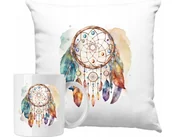 Gadżety dla niej i dla niego - ZESTAW PODUSZKA + KUBEK Pióra Boho Sztuka Łapacz Snów Pomysł Na Prezent - miniaturka - grafika 1
