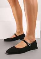 Baleriny - Czarne Eleganckie Balerinki z Ekozamszu ze Sprzączką i Kwadratowym Noskiem Ivalune - miniaturka - grafika 1