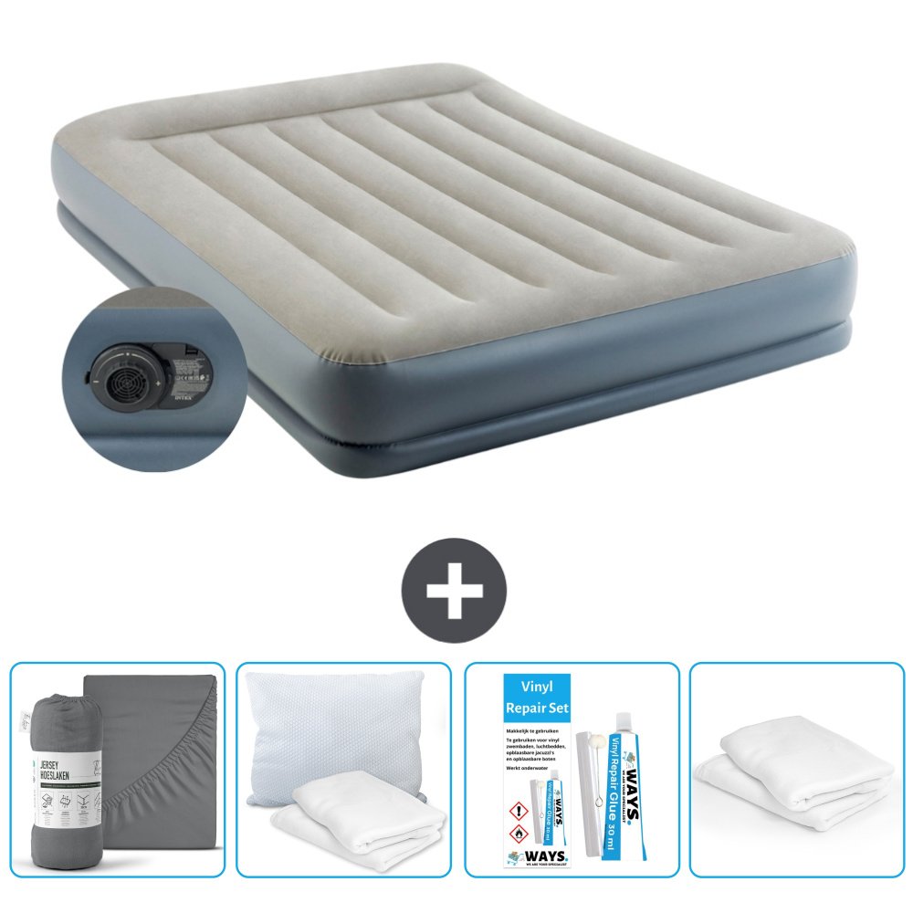 Łóżko powietrzne Intex - 2 osoby - 152 x 203 x 30 cm - Szare - Z pompką - Prześcieradło - Całowanie - Zestaw naprawczy en Ochraniacz na poduszkę