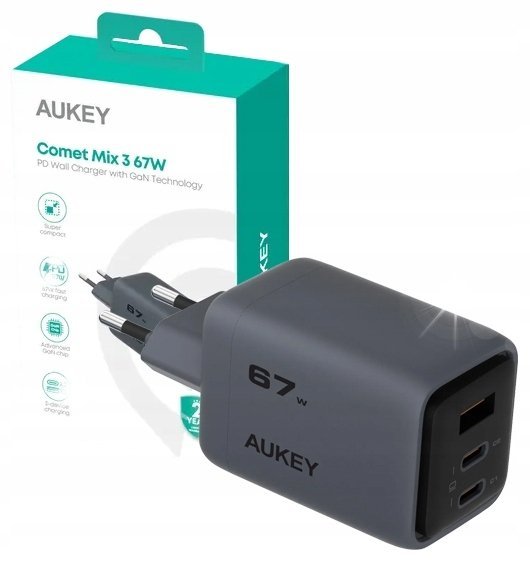 ŁADOWARKA SIECIOWA AUKEY podróżna kompaktowa 67W 1x USB-A 2x USB-C GaN
