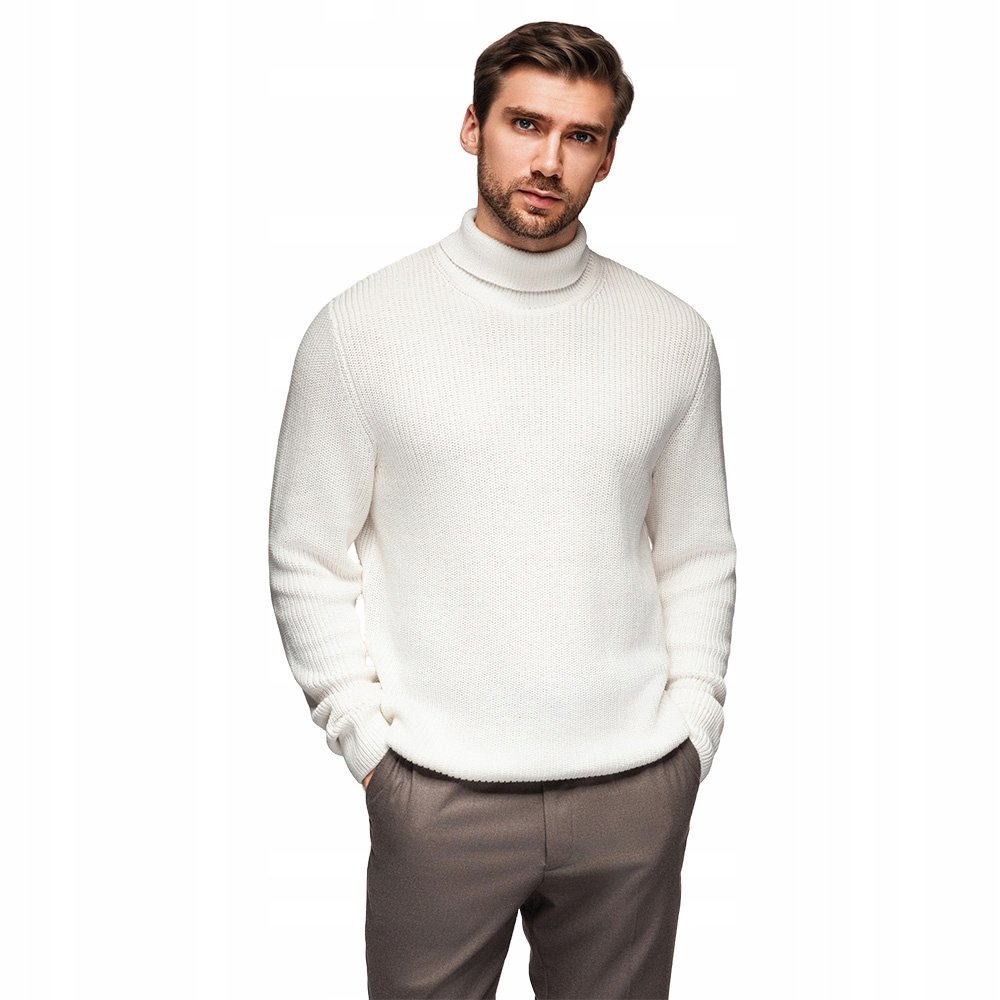 Klasyczny sweter męski z golfem z bawełny biały V3 OM-SWTN-0162 rozmiar L