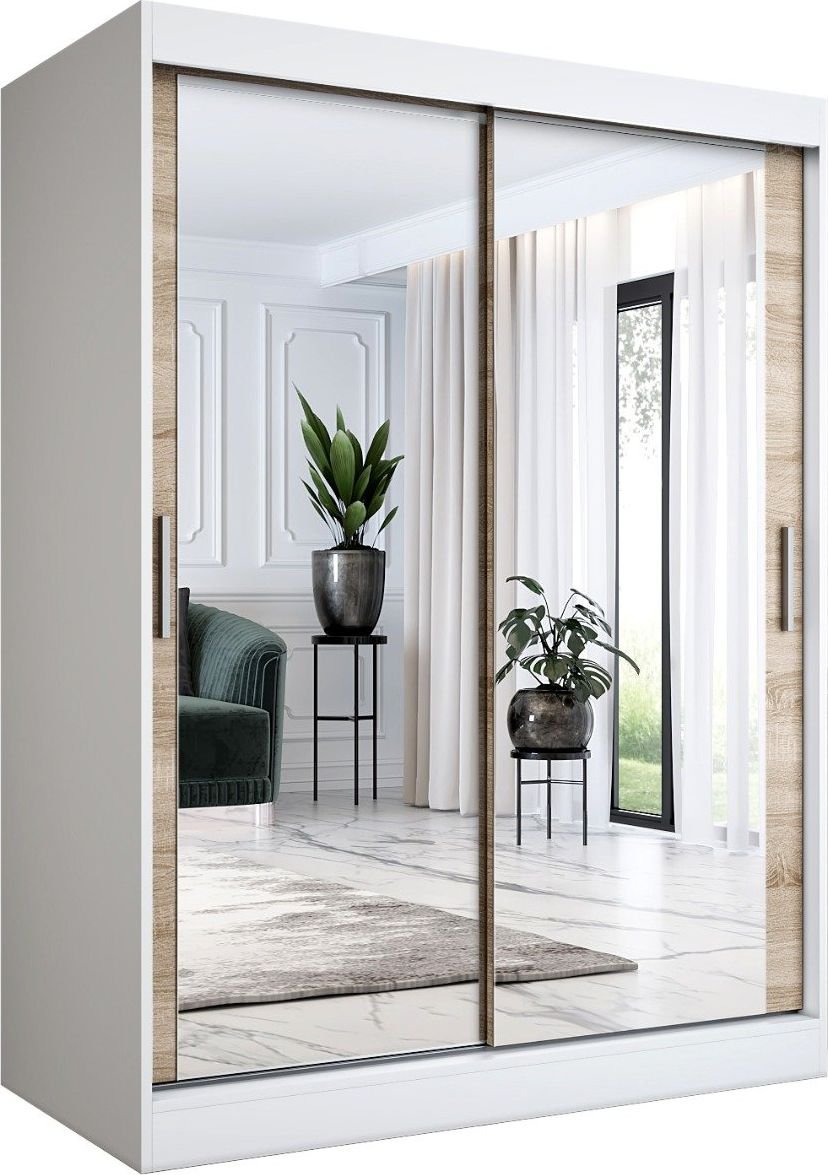 MKPOL Szafa przesuwna MODUO COMFORT 150 biała mat/dąb sonoma z dwoma lustrami