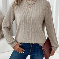 Bluzki damskie - TEMU Elegancki Sweter Damski w Kolorze Beżu – Miękki, Ciepły Tunika z Długim Rękawem i Okrągłym Kołnierzem na Zimę, Wygodny Casualowy oraz Formalne - miniaturka - grafika 1