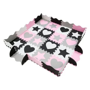 Humbi Duża Mata edukacyjna Grube Puzzle piankowe 31,5 x 31,5 x 1 cm Kojec XXL 120 x 120 cm Gwiazdki i serduszka serca Kolor czarny biały szary różowy - Maty piankowe - miniaturka - grafika 1