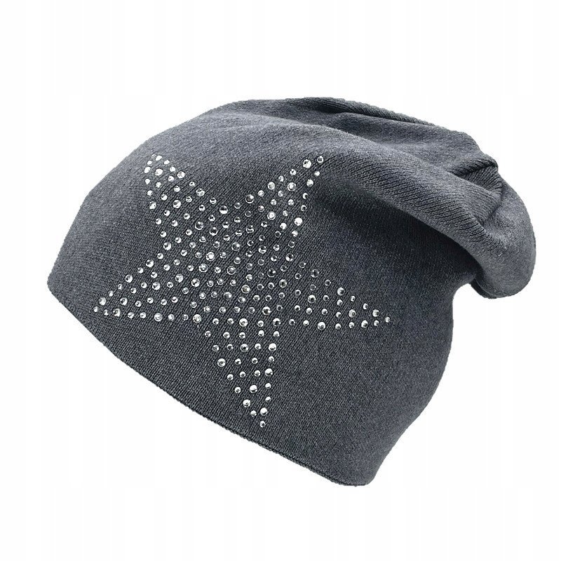 szara CZAPKA damska cyrkonie zimowa jesienna BEANIE stylowa na zimę