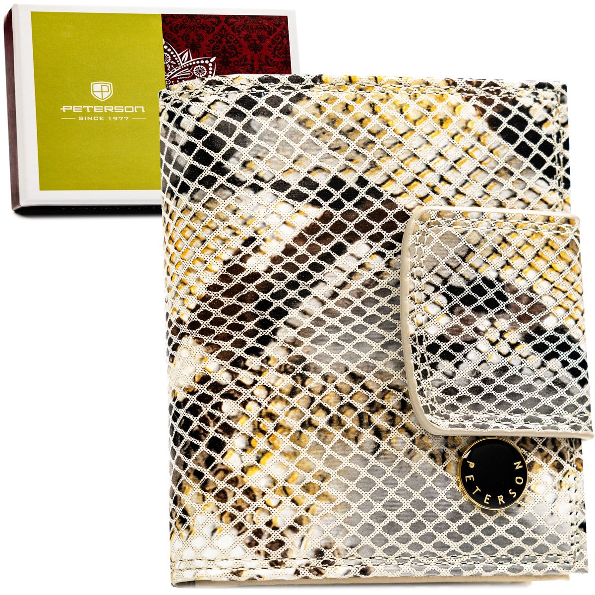 Mały beżowy portfel damski na zatrzask i bigiel PETERSON elegancka portmonetka skóra naturalna pionowy rozbudowany na karty pudełko prezentowe ochro..