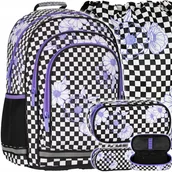 Plecaki worki - Zestaw Plecak Szkolny Dla Dziewczynki Szachownica W Kwiaty Piórnik Worek - miniaturka - grafika 1