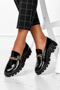Mokasyny Sergio Leone lakierowane ze złotym łańcuchem czarne MK755 - Mokasyny damskie - miniaturka - grafika 1