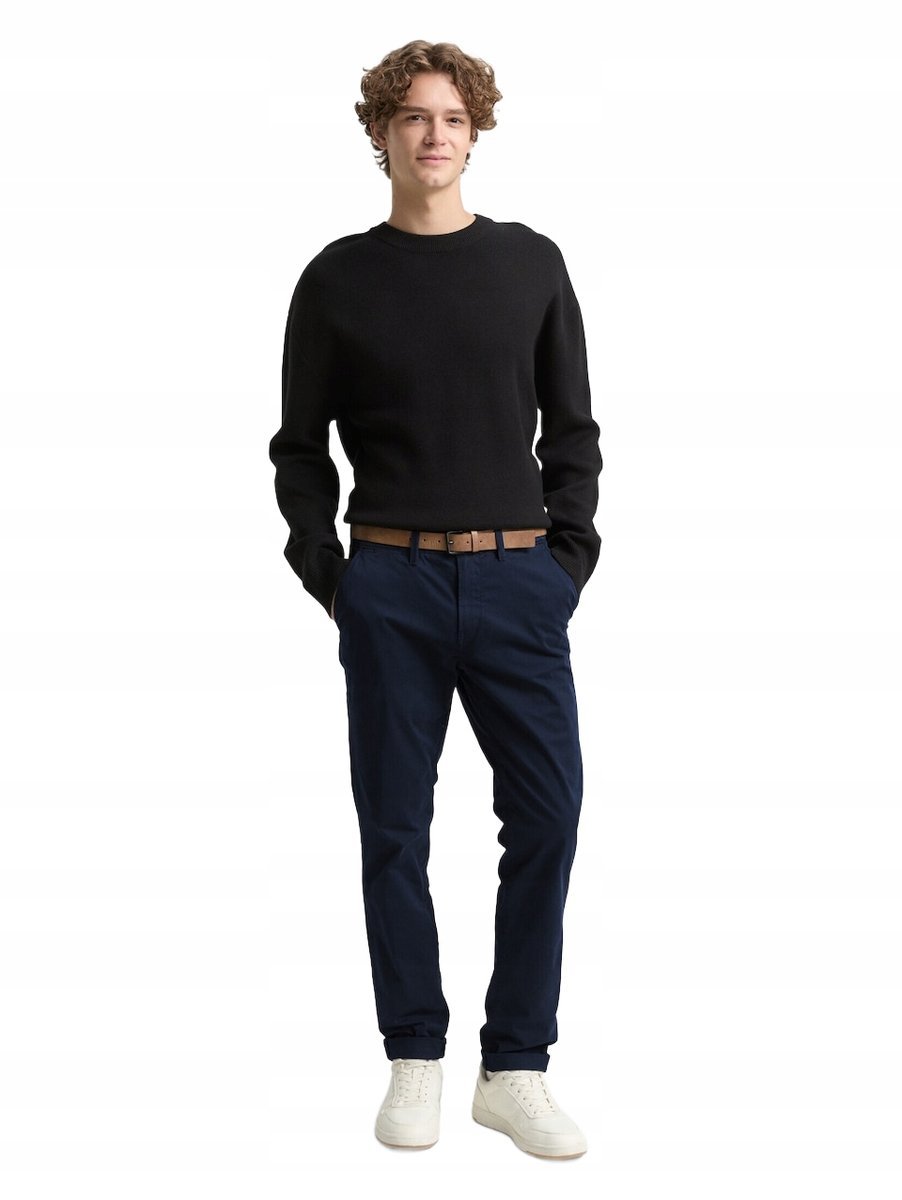 TOM TAILOR GRANATOWE SPODNIE CHINOS Z BRĄZOWYM PASKIEM 33/30 6CA