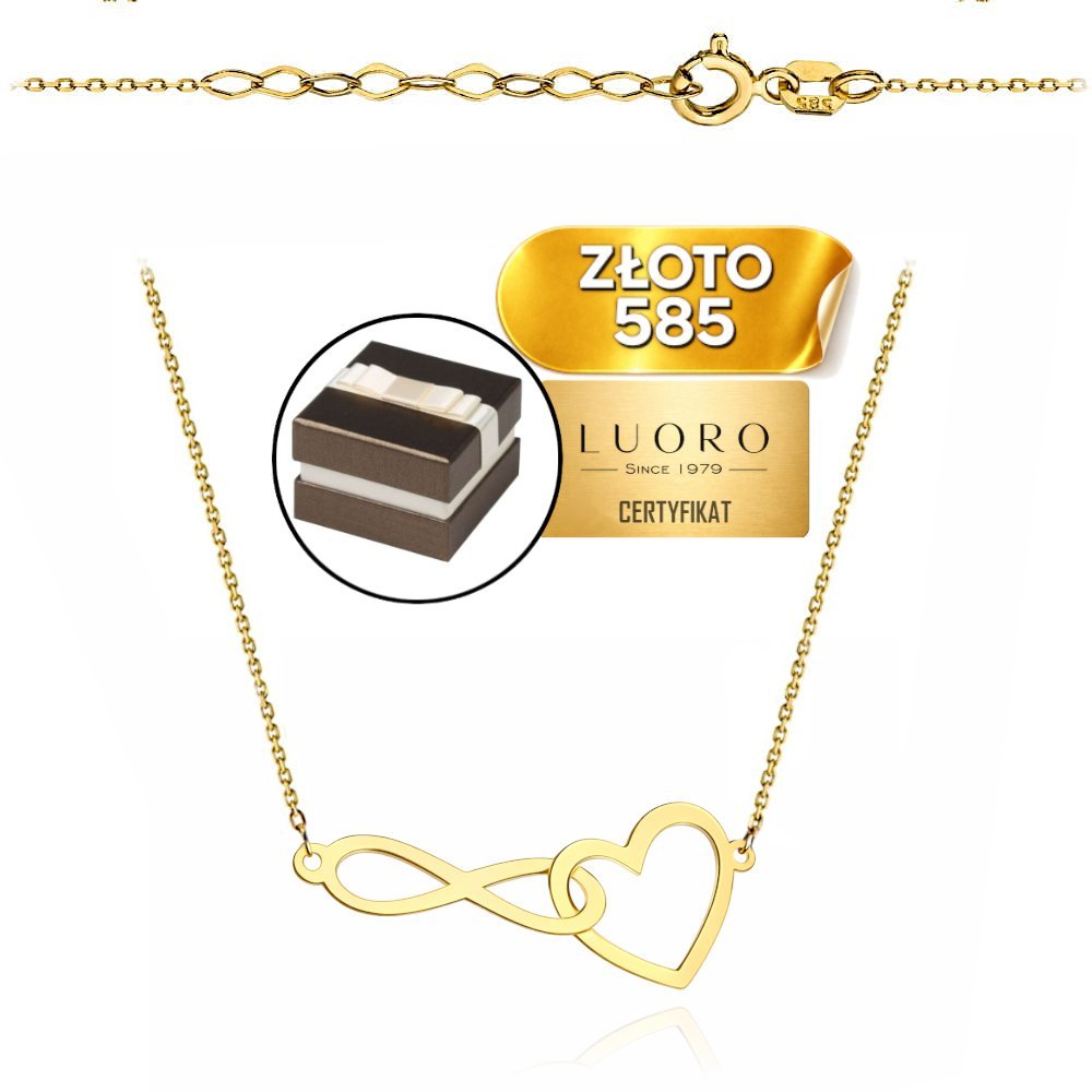 NASZYJNIK ZŁOTY 585 14K ZAWIESZKA SERCE NIESKOŃCZONOŚĆ 42 CM REGULOWANY