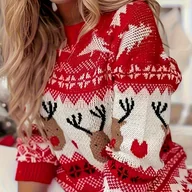 Swetry damskie - TEMU Sweter damski na jesień-zimę w świątecznym motywie czerwono-białym, z okrągłym dekoltem i wzorami renifera, oraz płatka śniegu na przyjęcia - miniaturka - grafika 1