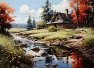 Zabawki kreatywne - Diamentowa Mozaika Krajobraz Domek Nad Rzeką, 30x40 - miniaturka - grafika 1