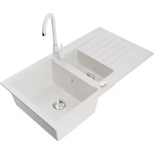 Mexen Matias zlewozmywak granitowy 1,5-komorowy z ociekaczem i baterią kuchenną Telma, biały - Zlewozmywaki z baterią - miniaturka - grafika 1