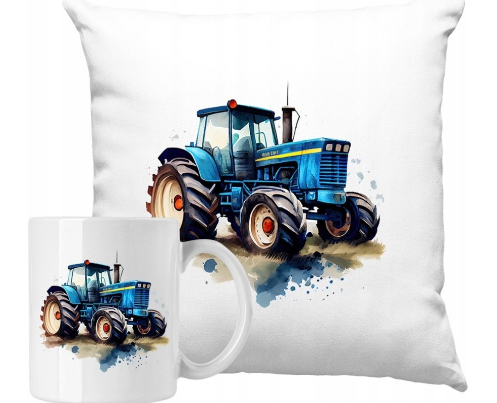 ZESTAW PODUSZKA + KUBEK Niebieski Traktor Rolnik Pomysł Na Prezent + IMIĘ