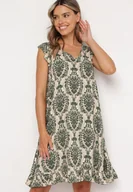 Sukienki - Zielono-Beżowa Bawełniana Sukienka w Stylu Boho na Ramiączkach z Falbanką Zaelle - miniaturka - grafika 1