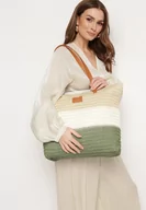 Torebki damskie - Beżowo-Zielona Torebka Tote w Stylu Boho z Plecionki na Suwak Rin - miniaturka - grafika 1