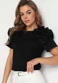 Bluzki damskie - Czarny Bawełniany T-shirt Koszulka z Krótkim Rękawem Ozdobiona Aplikacją z Falbankami Aristine - miniaturka - grafika 1