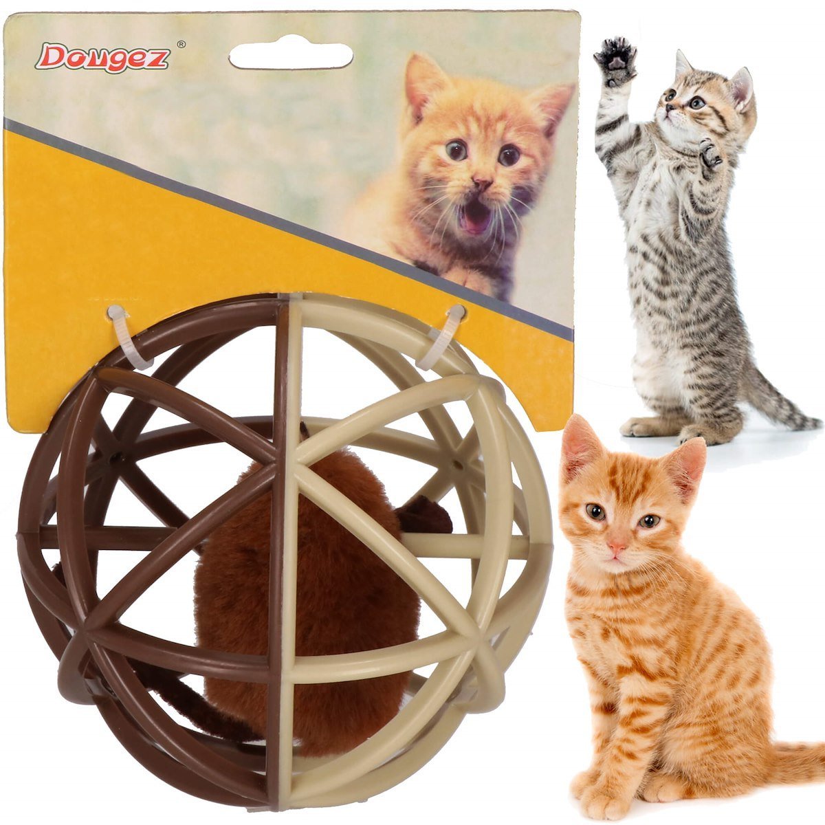 Kulka z myszką dziękową dla kota, zabawka stymulacyja, ażurowa śr. 11 cm brązowy, beżowy