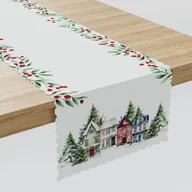 Obrusy i serwetki - Bieżnik z białej tkaniny wodoodpornej ozdobiony świątecznym nadrukiem, rozmiar 38x160 cm, Zimowe miasteczko - miniaturka - grafika 1