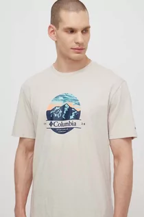 Koszulki męskie - Columbia t-shirt bawełniany Path Lake męski kolor beżowy z nadrukiem 1934814 - grafika 1