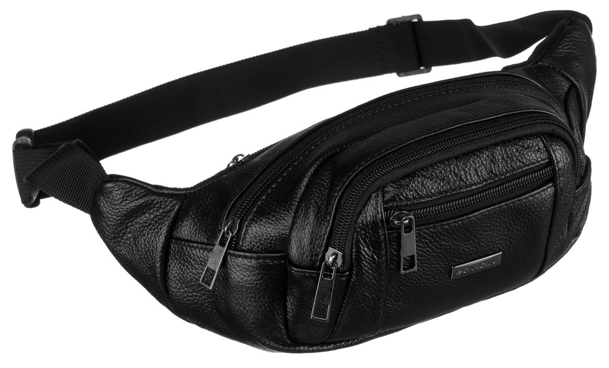 Klasyczna saszetka nerka męska ze skóry naturalnej czarna na suwak ROVICKY szeroki pasek z regulacją i mocnym zapięciem kieszonki saszetka na biodra..