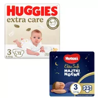 Pieluchy - HUGGIES Pieluchy Extra Care 3 (6-10kg) 72 szt + Elite Soft Night Pants 3 23 szt - miniaturka - grafika 1